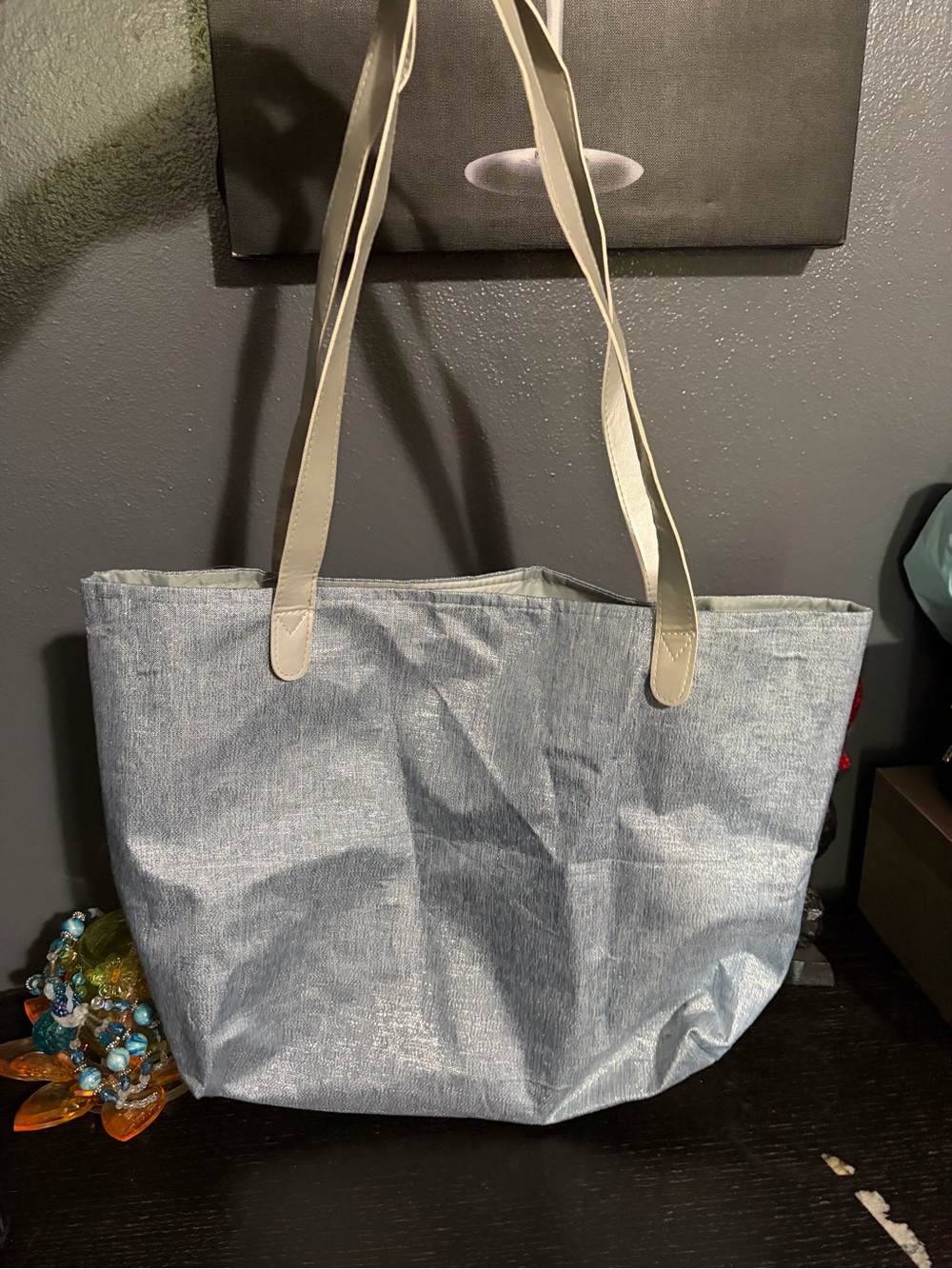 Light Blue Shimmering Tote Bag with silver Straps